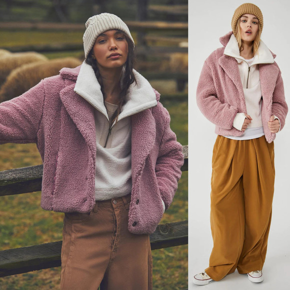 Free People Joplin Cozy Sherpa Faux Fur Teddy Jacket NWT Smoked Pink Medium $198 - Picture 3 of 6